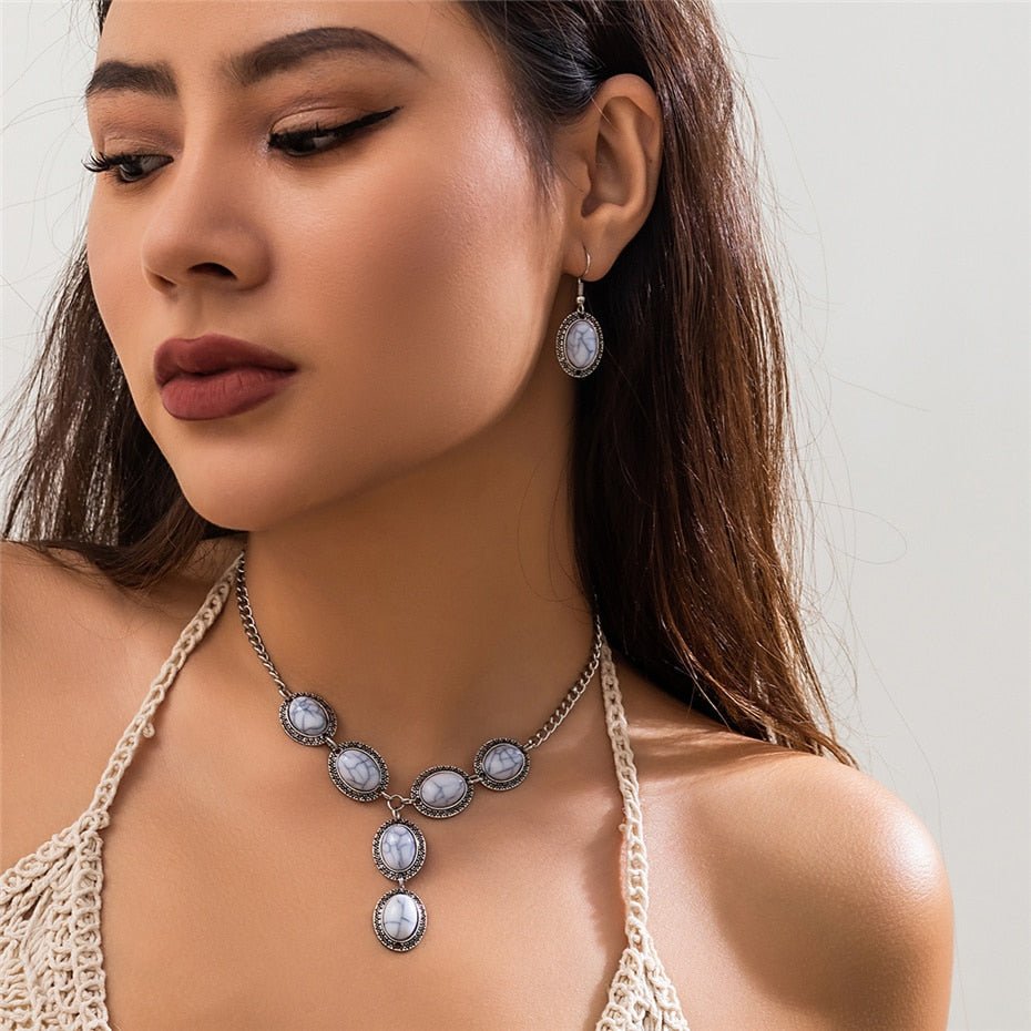 sengpan Vintage Oval Blue Natural Stone Chain Necklace Drop Earrings for Women Trendy Ethnic Chest Link Holiday Jewelry Set New