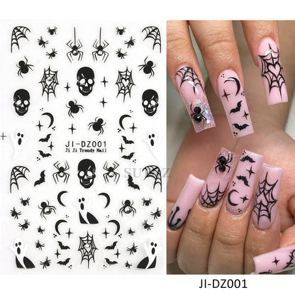 sengpan 5D Embossed Halloween Nail Stickers Skull Chams Spooky Flower Ghost Nail Decals Spider Web Skeleton Sliders for Manicure NTJI-5D