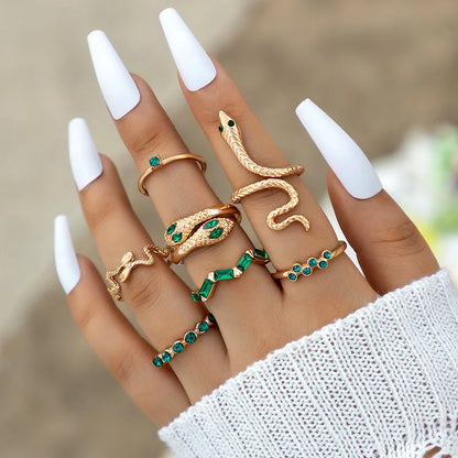 sengpan Colorful Crystal Snake Shape Ring Set For Women Fashion Butterfly Heart Gold Color Geometric Rings Female Wedding Finger Jewelry