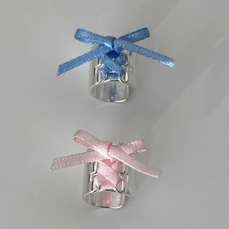 sengpan Y2K Style Ribbon Pink Bow Ties Clip Earrings for Women Girls Sweet Cool Korean Charm Girls Ear Bone Clip Fashion Jewelry Gifts