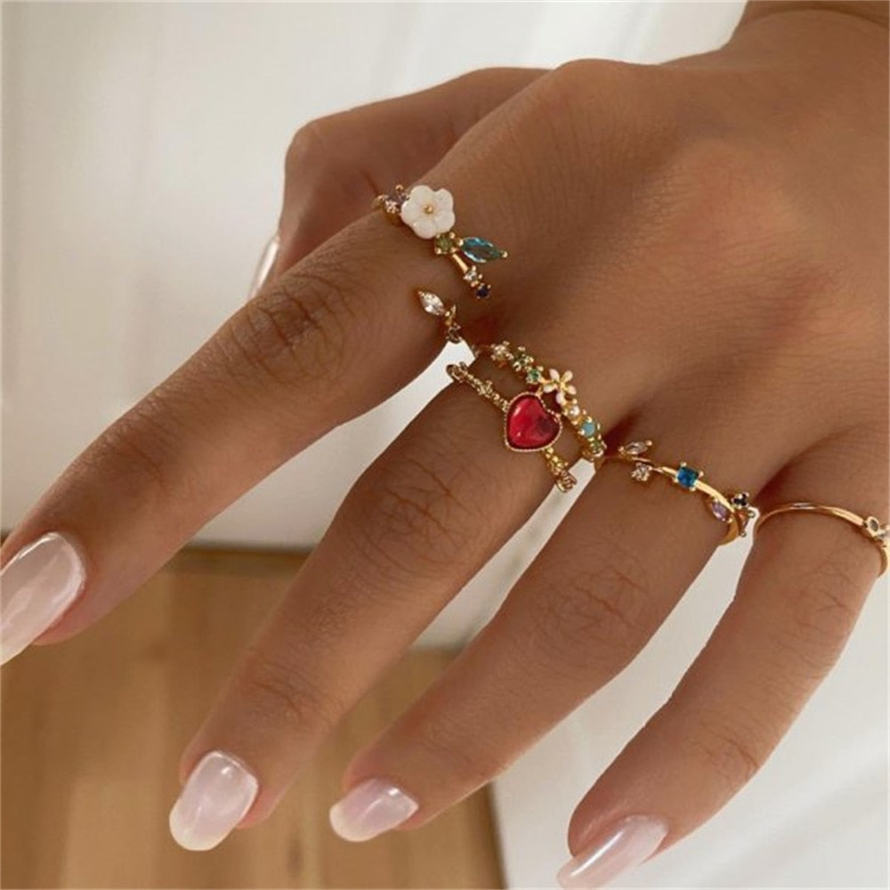 sengpan Bohemian Gold Color Butterfly Rings Set For Women Fashion Shiny Crystal Geometric Flower Knuckle Finger Ring Jewelry Adjustable