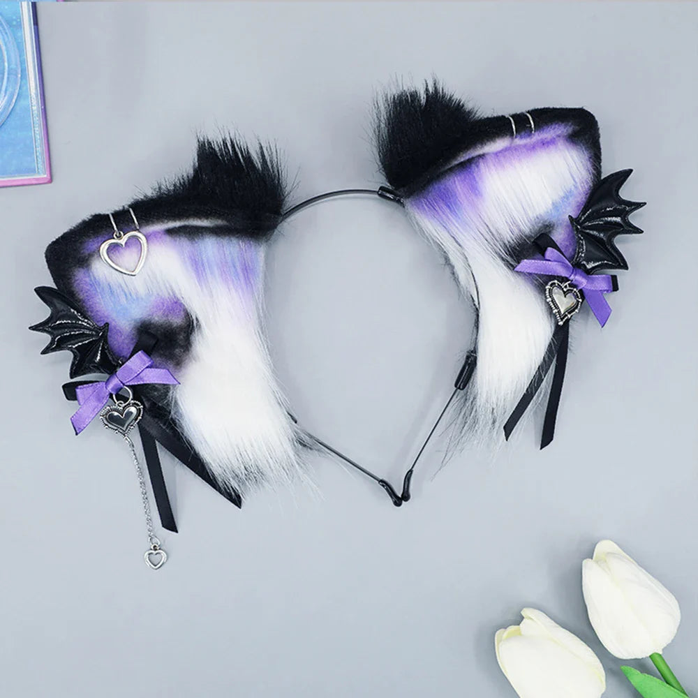 sengpan Halloween Gothic Style Headband Simulation Plush Cat Ear Hairband Bat Wings Hair Hoop Cosplay Hair Accessories Dress Up Prop