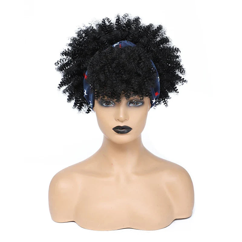 sengpan Short Kinky Curly Headband Wigs  Afro Puff Curly Headband Wig For Women Natural Synthetic Turban Wrap Wig  Cosplay Daily Use