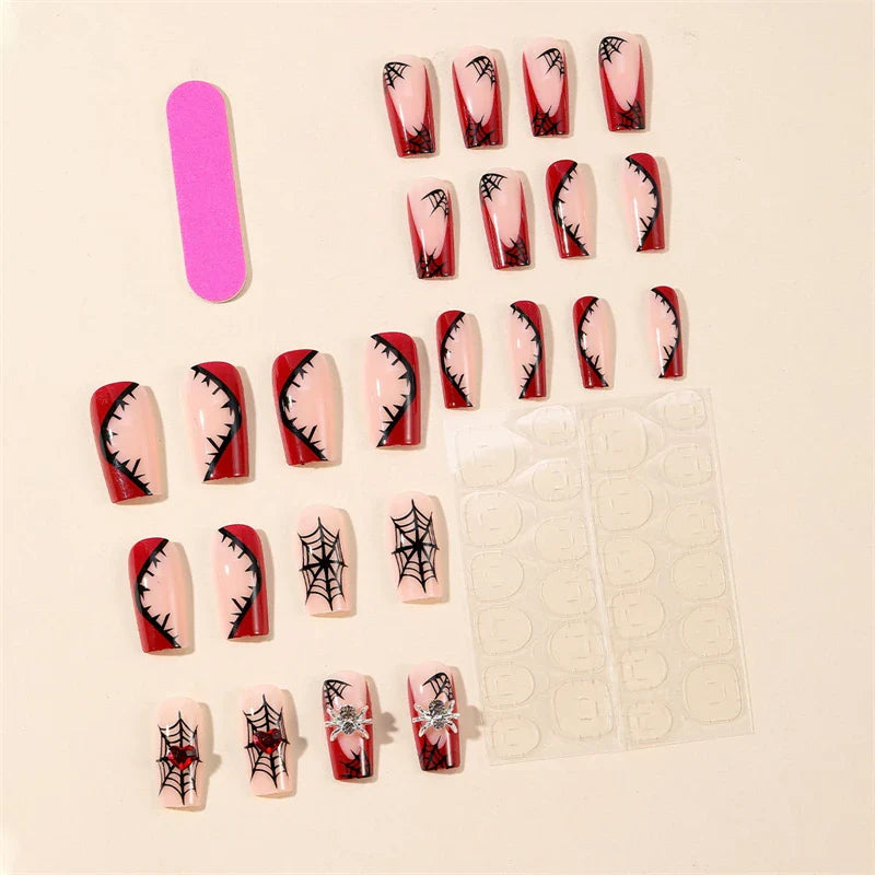 sengpan 24Pcs Heavy Metal Halloween False Nail Tips Sliver Spider Design Handmade Full Cover Wearable Black Cool Almond Press on Nails