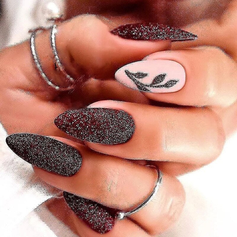 Lianfudai current nail trends 2023   24Pcs Glitter Red False Nails with Almond Head Design Leaves Pattern Wearable Fake Nail Full Cover Nail Tips Oval Press on Nails