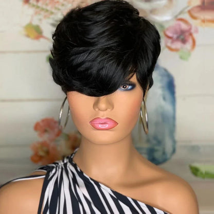 sengpan Straight Pixie Cut Human Hair Wig Short Bob Full Machine Made Wigs with Bangs Virgin Brazilian Wig for Women 180% Density