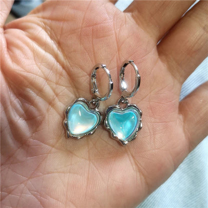 New Kpop Goth Y2K Cute Blue Heart Love Pendant Earrings For Women Egirl 2000s Aesthetic Charms Vintage Jewelry EMO Accessories