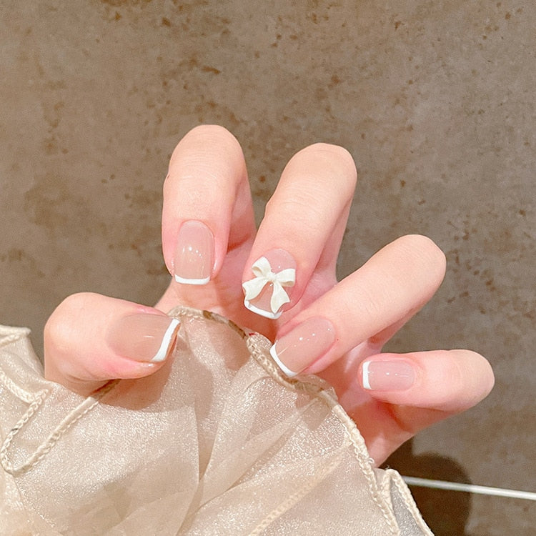 sengpan 24pcs French Point Diamond Fake Nails Wearing Artificial Square Head Press On Acrylic Nail Art Pearl Patch Almond False Nails