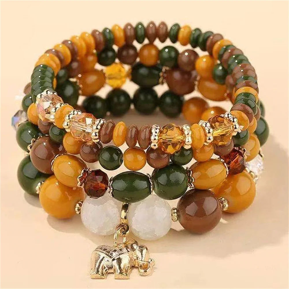 Lianfudai New Korean Multicolor Crystal Beads Elastic Rope Bracelets For Women Elephant Wrap Strand Bracelet Men Pulseira Feminina