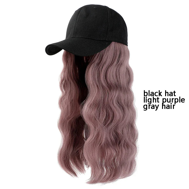 sengpan Y2K Wig Hats Women Fashion Long Wig Caps Casual Solid Color Cap with Wig 55cm Long Curly Hair Hat 40cm Straight Hair Visors