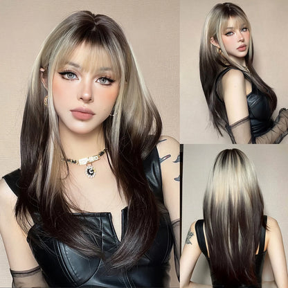 sengpan Ombre Synthetic Straight Cosplay Women Hair Platinum Blonde to Black Hair Long Layered Natural Wigs with Bangs for White Women