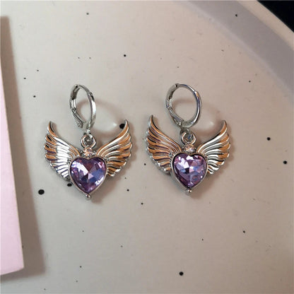 sengpan New Vintage Aesthetic Crystal Purple Heart Wing Pendant Earring For Women Men Grunge Punk Goth Y2K 2000s EMO Jewelry Accessories