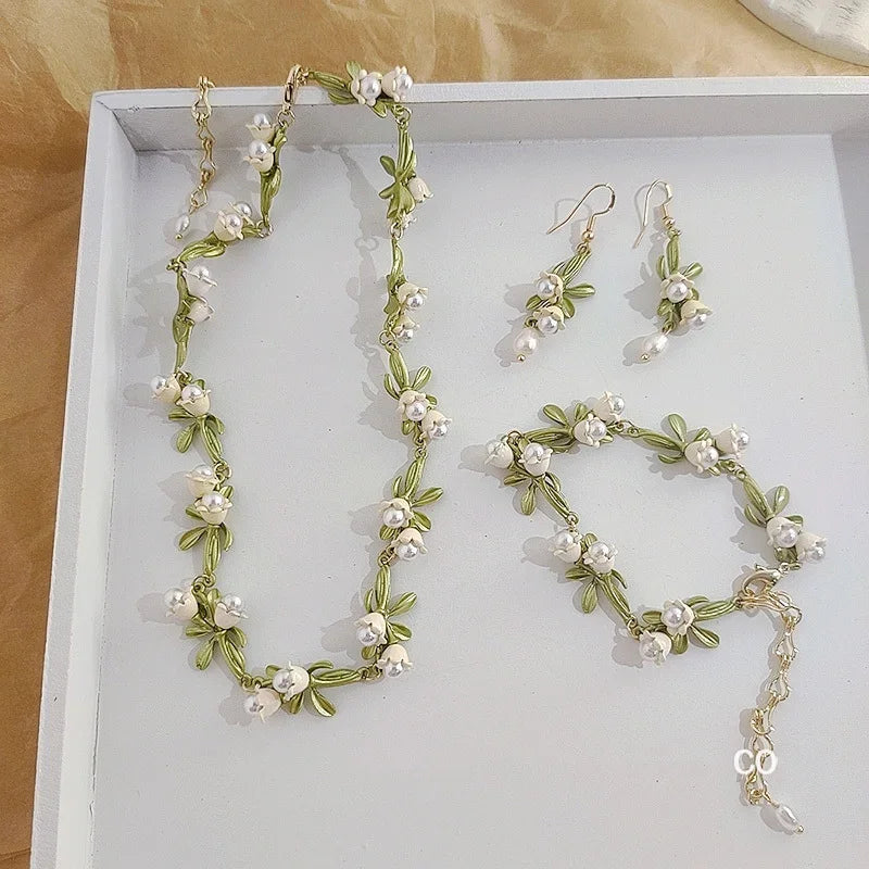 sengpan New Lily of The Valley Pearl Necklace Earrings for Women Fashion Elegant White Flowers Drop Bracelet Wedding Party Jewelry Set