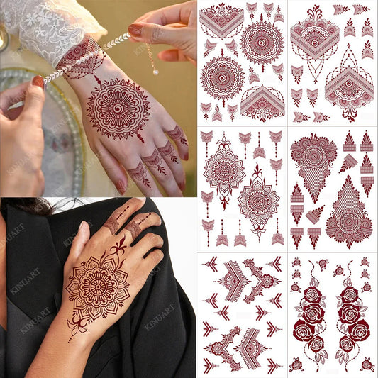 sengpan Maroon Henna Tattoo Stickers for Women Waterproof Temporary Tattoos  for Hand Flower Fake Tattoo for Wedding Festival Body Art