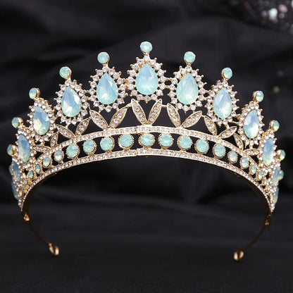 sengpan Luxury Green Opal Crystal Flower Water Drop Tiara Crown Women Wedding Party Elegant Bridal Bride Crown Hair Accessories