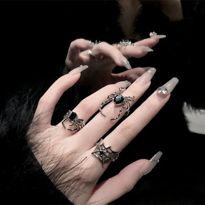 sengpan  Gothic Punk Irregular Spider Webs Zircon Opening Ring Women Black Crystal Dark Animal Rings Hip Hop Fashion Party Finger Jewelry