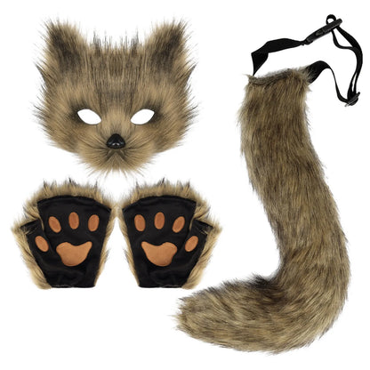 sengpan Fluffy Fur Fox Tail Keychain Cat Paws Gloves and Wolf Therian Mask Set for Halloween Cosplay Costume Accessories