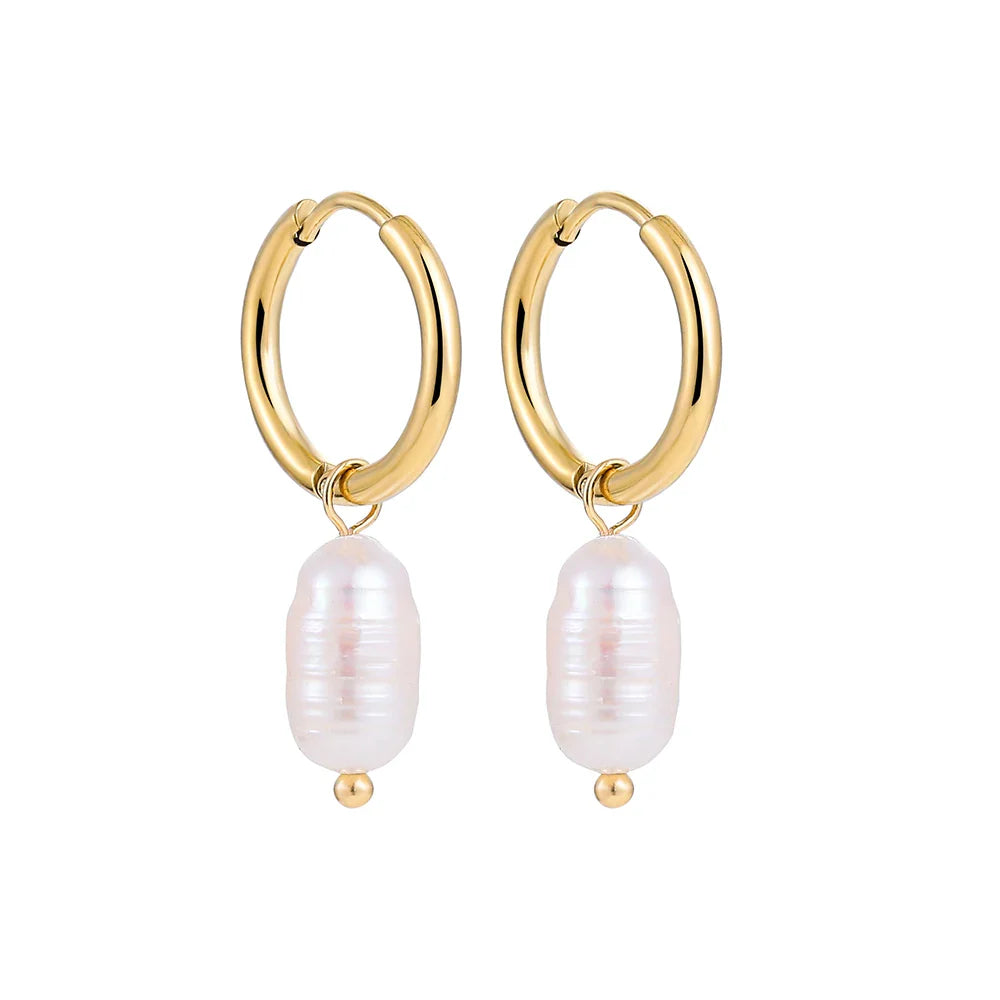 sengpan Eardrop Pearl Small Hoop Earrings for Women Gold Color Stainless Steel Circle Huggies Hoops Ear Buckle Jewelry