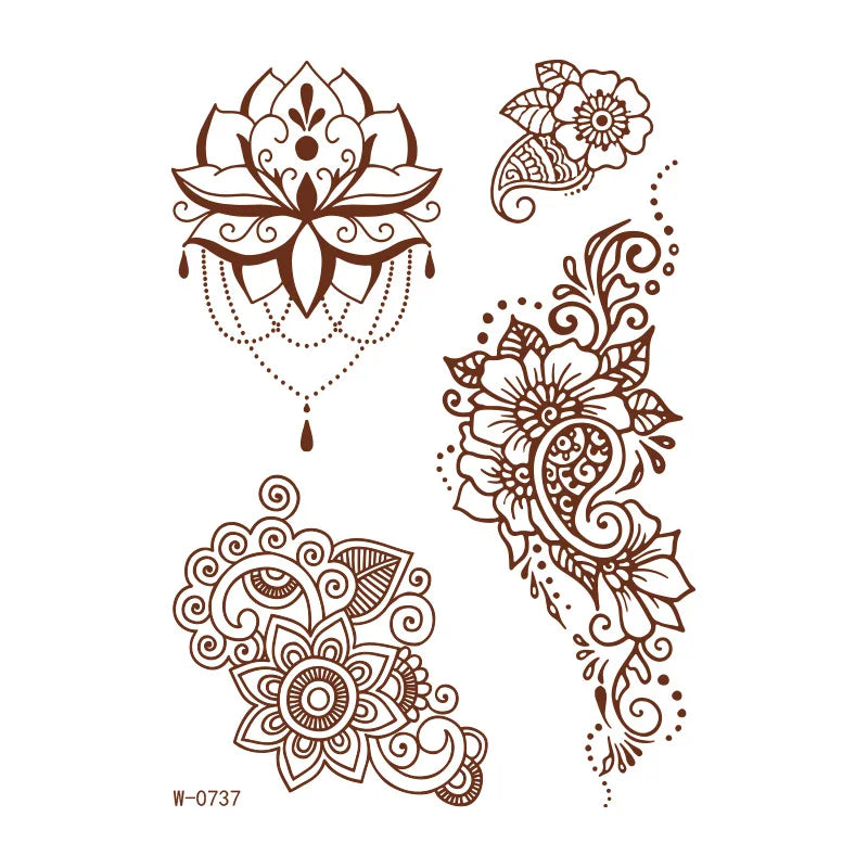 sengpan Brown Henna Lace Temporary Tattoos Sticker For Women Mehndi Stickers for Hand Neck Body Feather Flora Henna Tattoo Waterproof