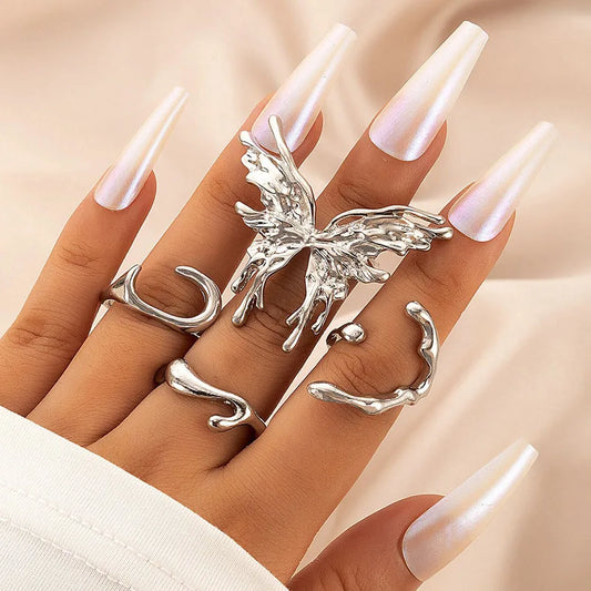 sengpan Punk Silver Color Liquid Butterfly Rings Set For Women Fashion Irregular Wave Metal Knuckle Rings Aesthetic Egirl Gothic Jewelry