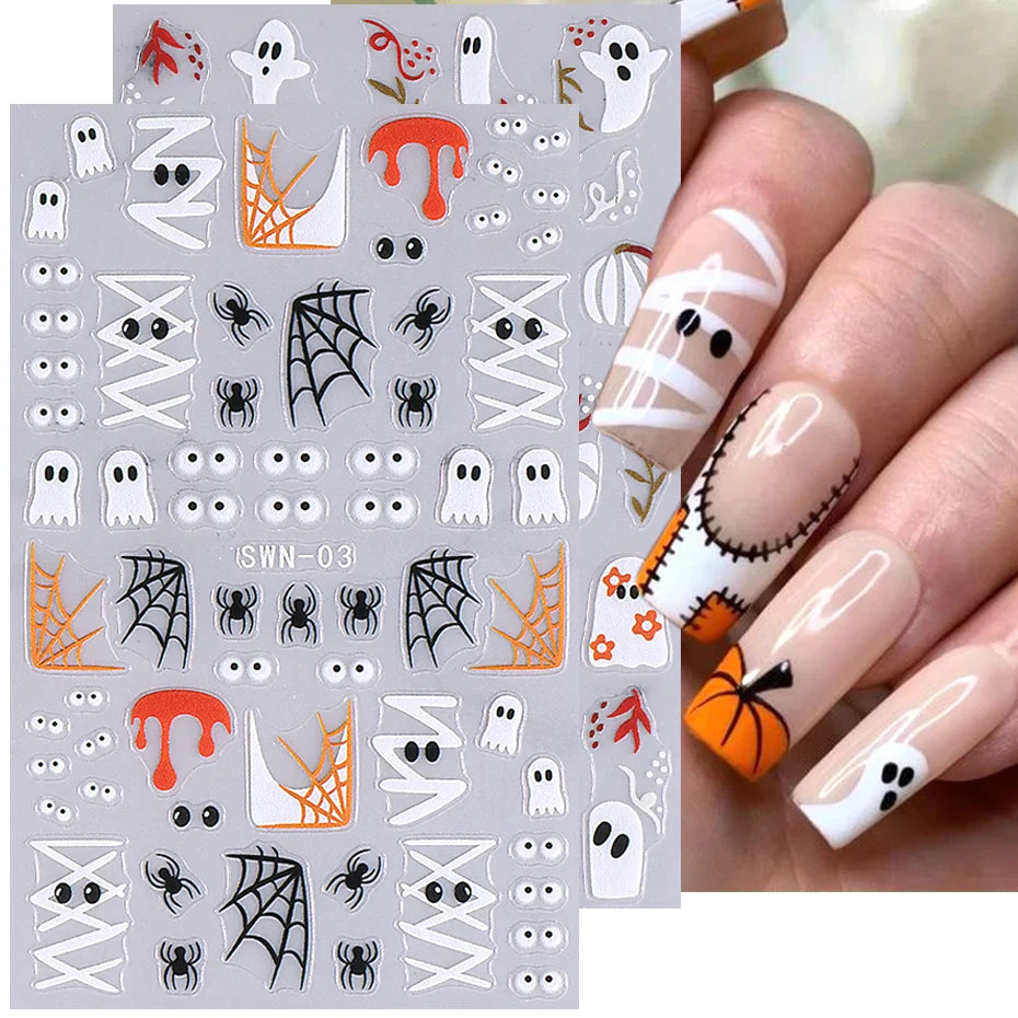 sengpan 3D Halloween Nail Stickers Cartoon Mummy Bandages Ghost Eyes Pumpkin Spider Web Blood Drops DIY Winter Matte Nail Art Decoration