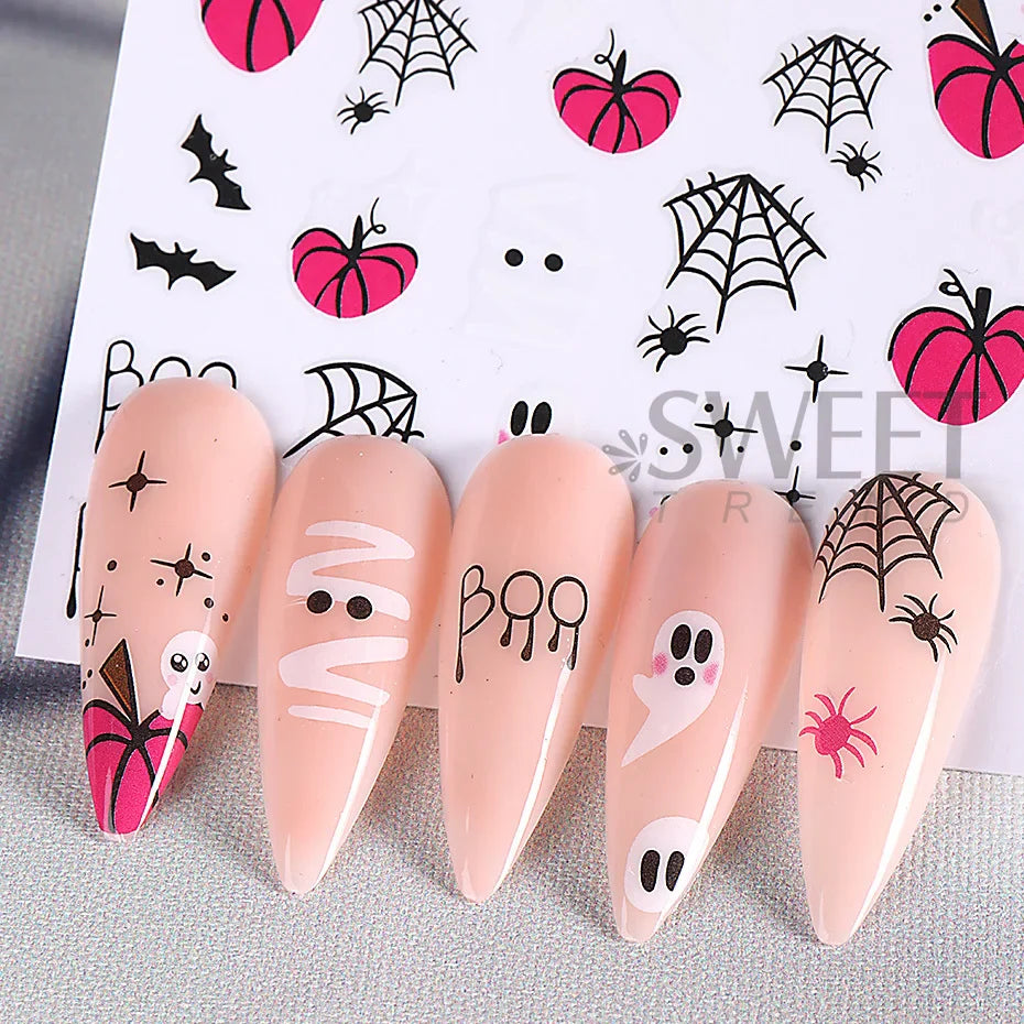 sengpan Pink Pumpkin Halloween Nail Stickers Ghost Star Mummy Love Heart Spider Web Scorpion Blood Drops DIY Winter Manicure Decoration