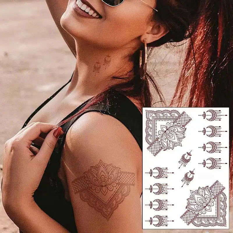 Lianfudai New Design Brown Henna Tattoos for Women Flower Mandala Mehndi Sticker for Hand Waterproof Tattoo Fake Hena Tatoo