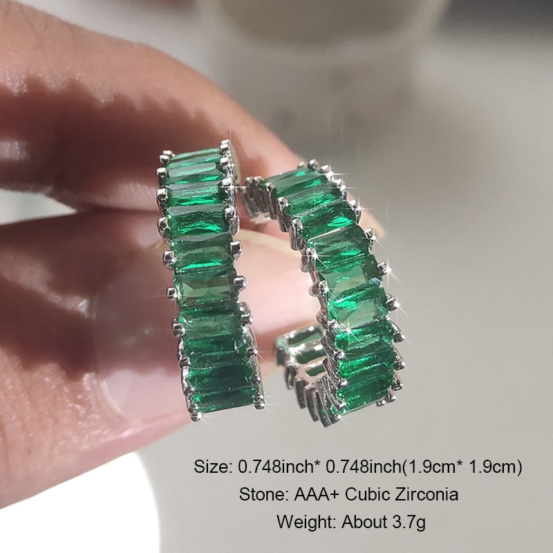 sengpan Luxury High Quality Inlay CZ Hoop Earrings Round Green Zircon Crystal Earring for Women Engagement Party Statement Jewelry