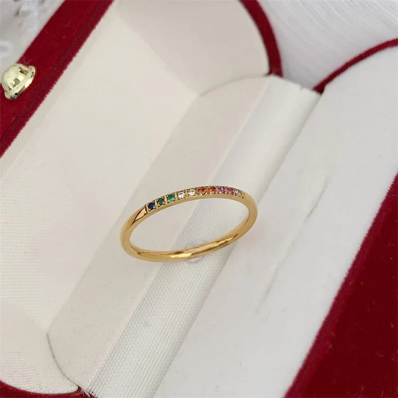 sengpan INS Stainless Steel Rainbow Color Cubic Zircon Stone Finger Rings for Women Gold Plated Waterproof Stacker Ring Jewelry Gift