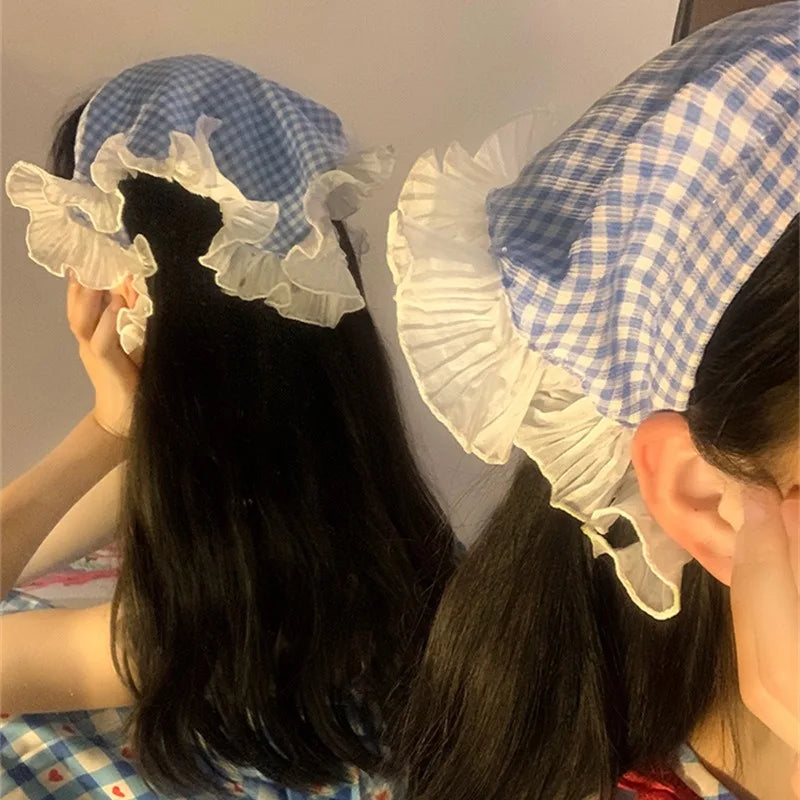 sengpan Summer Plaid Hair Scarf Headband for Women Girls Fashion Korean Sweet Lace Travel Photo Hairbands Headwear Hair Accessories