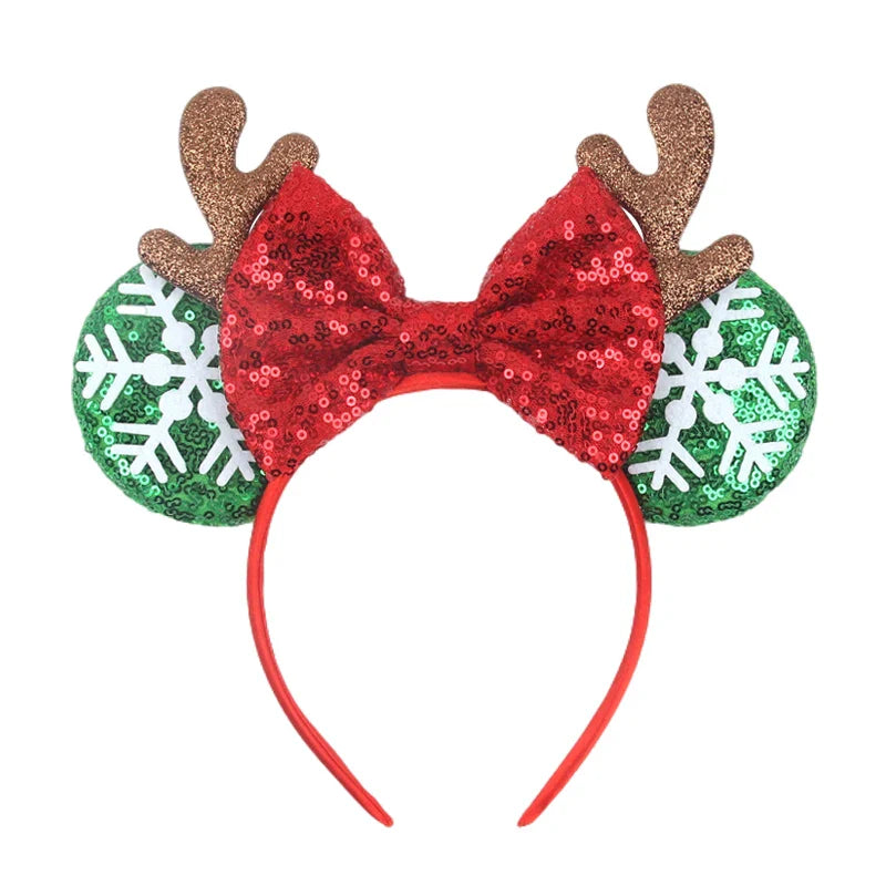 sengpan New Disney Christmas Mouse Ears Headband Santa Antler Sequins Bow Hairband For Women Featival Party DIY Hair Accessories Gift