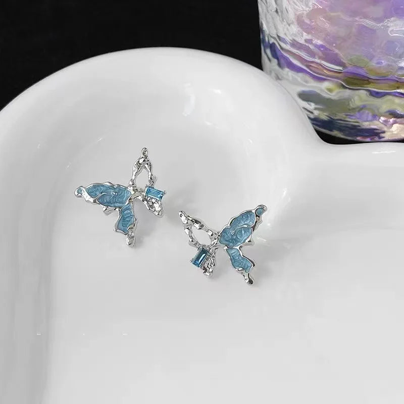 sengpan Blue Crystal Butterfly Earrings Women Fashion Trend Stud Earrings Female Korean Jewelry