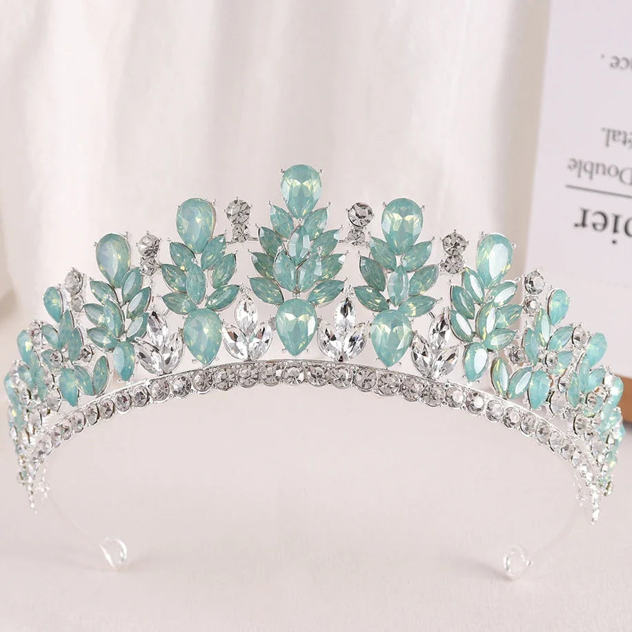 sengpan Luxury Green Opal Crystal Flower Water Drop Tiara Crown Women Wedding Party Elegant Bridal Bride Crown Hair Accessories