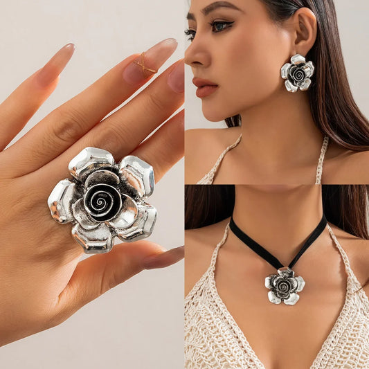 sengpan Sweet Cool Big Silver Color Flower Rings For Women Punk Vintage Geometric Gold Silver Color Knuckle Joint Ring Jewelry Set