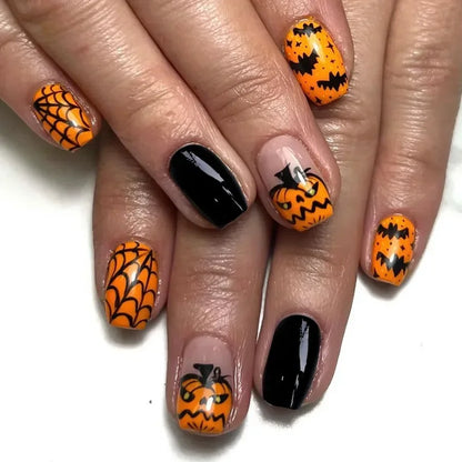 sengpan 24pcs/set Halloween Press-On Nails Set - Short Square, Glossy Finish with Cute Ghost & Pumpkin Designs in Orange/Black for Women