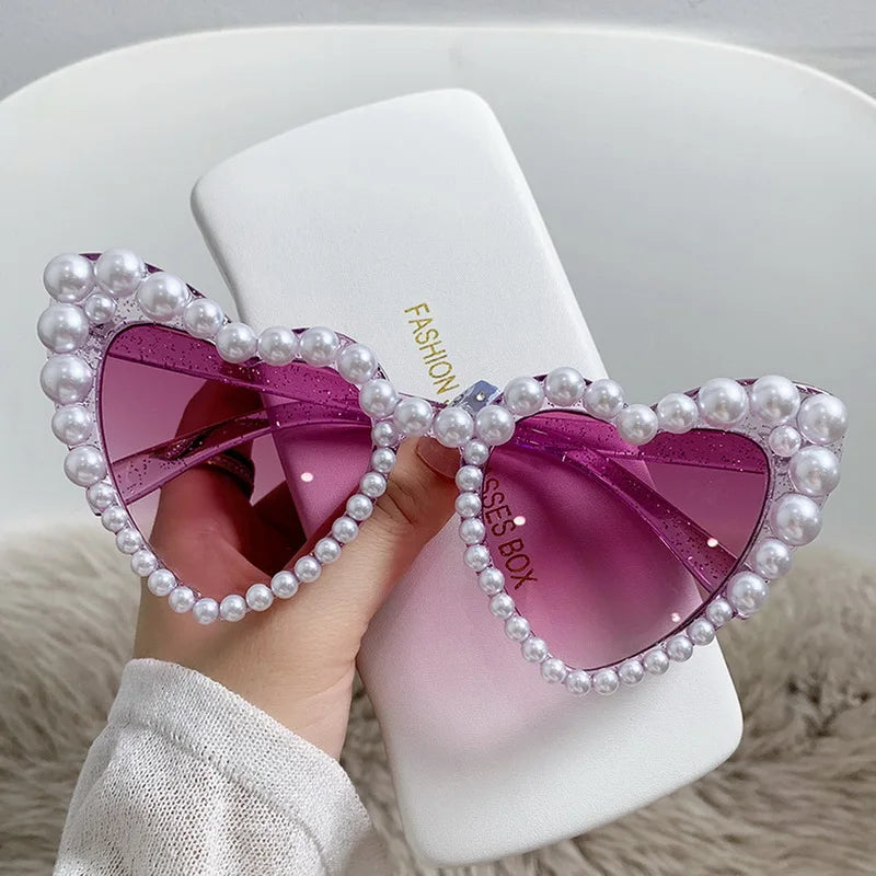 sengpan Fashion Retro Heart-Shaped Imitation Pearl Frame Sunglasses UV400 Women Cat Eye  Eyewear Trendy Beach Party  Sun Glasses