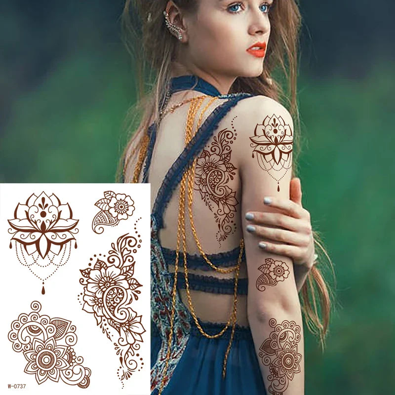 sengpan Brown Henna Temporary Tattoos for Women Henna Design Stickers for Hand Neck Body Art for Wedding Flora Hena Tattoo Waterproof