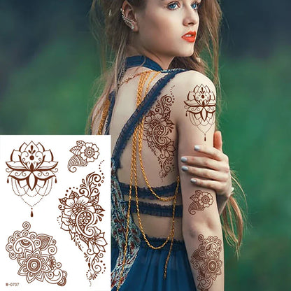 sengpan Brown Henna Temporary Tattoos for Women Henna Design Stickers for Hand Neck Body Art for Wedding Flora Hena Tattoo Waterproof