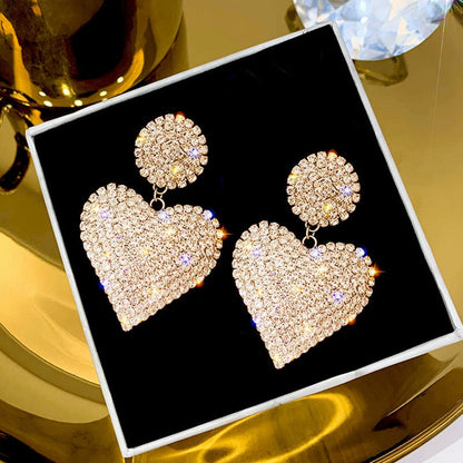 sengpan New Heart Earrings Women's Luxurious Geometric Full Rhinestone Earrings Korean Gold/Silver Color Love Fashion Jewelry