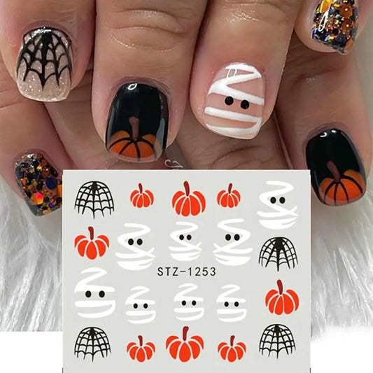 sengpan 5pcs Halloween Pumpkins Nail Art Water Decals Stickers Mummy Ghost Fake Nail Accessories DIY Nail Stickers Spiders Web