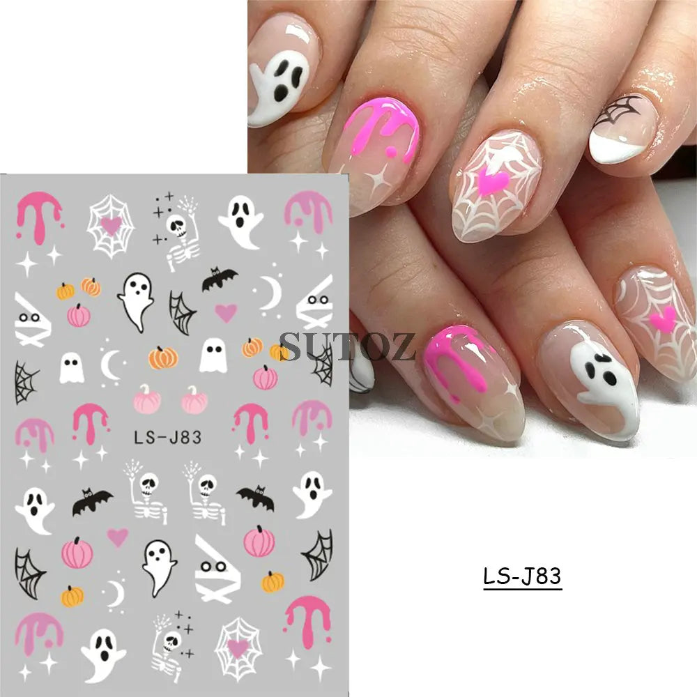 sengpan Pink Pumpkin Nail Art Stickers Halloween Decoration Bat Ghost Design Black Cat Skull Nail Sliders Charms Manicure Decal NLLS-J82