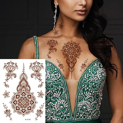 sengpan Waterproof Temporary Brown Henna Tattoo Stickers Chest Lace Mandala Henna Tattoos for Women Diamond Flower Body Art Fake Tatoo