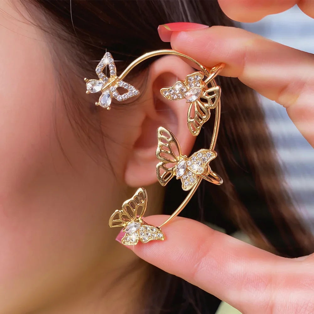 sengpan Zircon Butterfly Ear Cuffs Earrings Golde Color Plated Metal Piercing Cartilage Clips Earrings for Women Wedding Jewelry