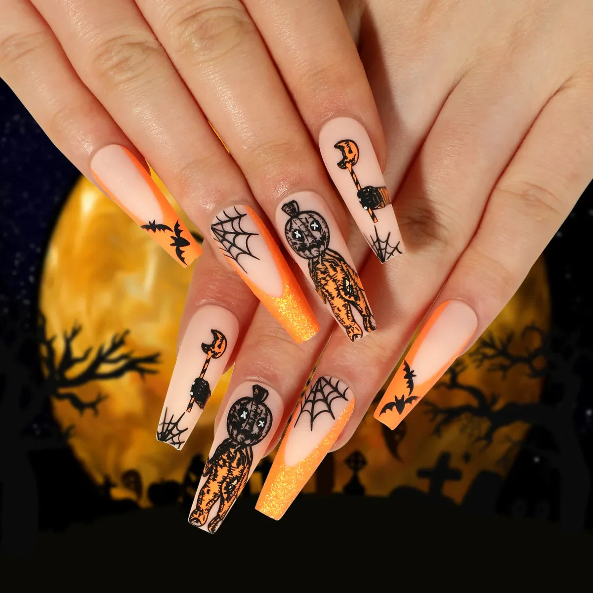 sengpan 24P/Set Halloween Fake Nails Art Ghost Face Pumpkin Spooky Designer Girls Party Press on Nail Tips Wearable Stick on Nails False