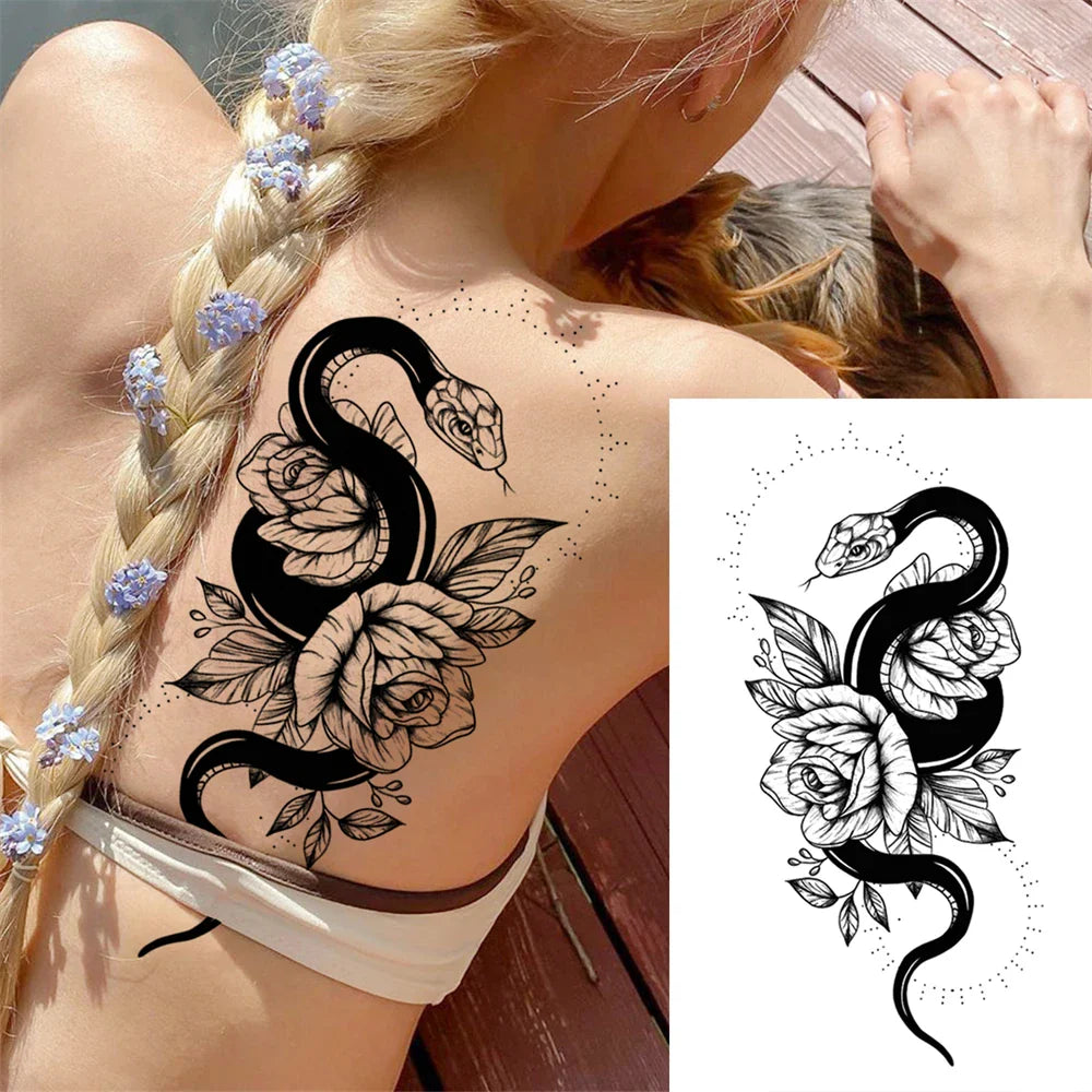 sengpan Death Skull Flower Temporary Tattoo For Women Girls Snake Bird Peony Tattoo Sticker Black Fake Blossom Sexy Tatoo Transfer Adult