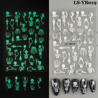 sengpan Luminous Nail Stickers Glow In Dark Halloween Nail Art Decoration Cartoon Skull Ghost Sliders Bones Spider Decal Tattoo GLYB-018