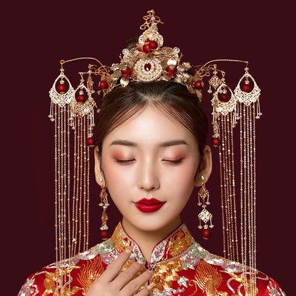 sengpan Retro Chinese Headdress Crown Headband Catwalk Stage Wedding Hair Accessories Pearls Beaded Tassel Tiaras Earring Hair Jewelry