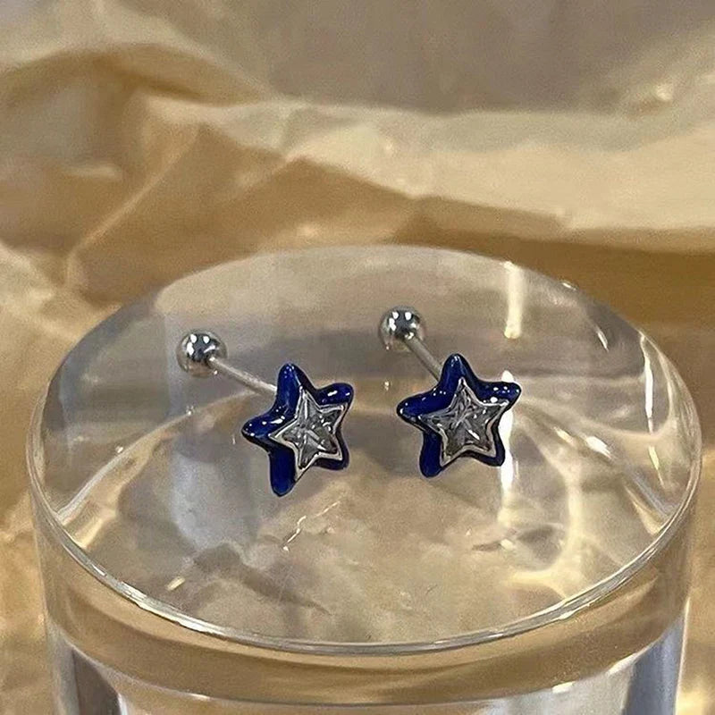 sengpan 1 Pair Trend Blue Crystal Star Pentagram Mini Stud Earrings for Women Cool Sweet Aesthetic Earrings Fashion Y2k Jewelry