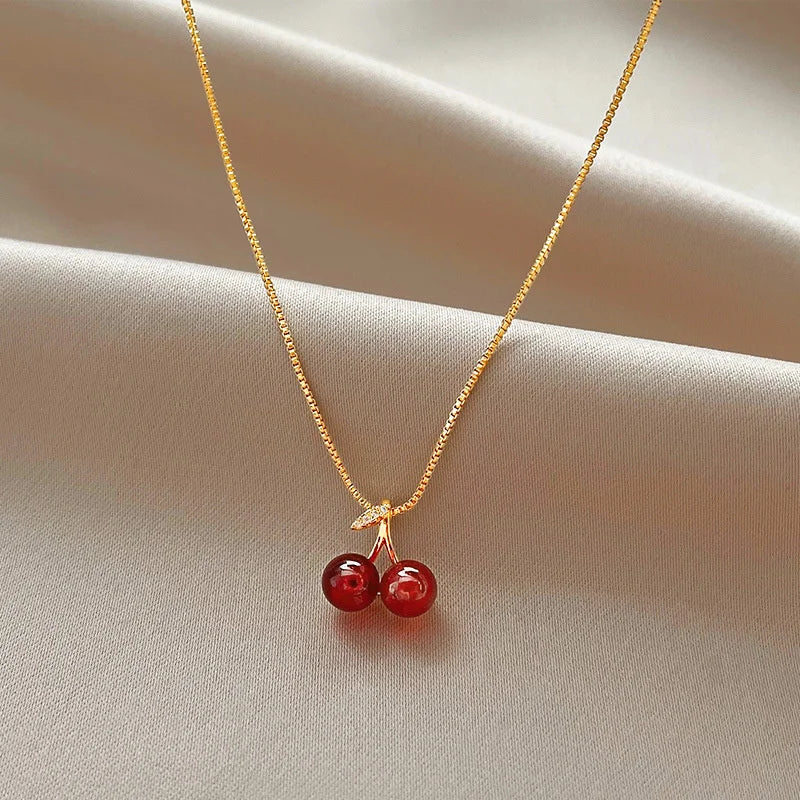 sengpan Wine Red Cherry Gold Colour Pendant Necklace Earrings set For Women Personality Fashion Necklace Wedding Jewelry Birthday Gifts