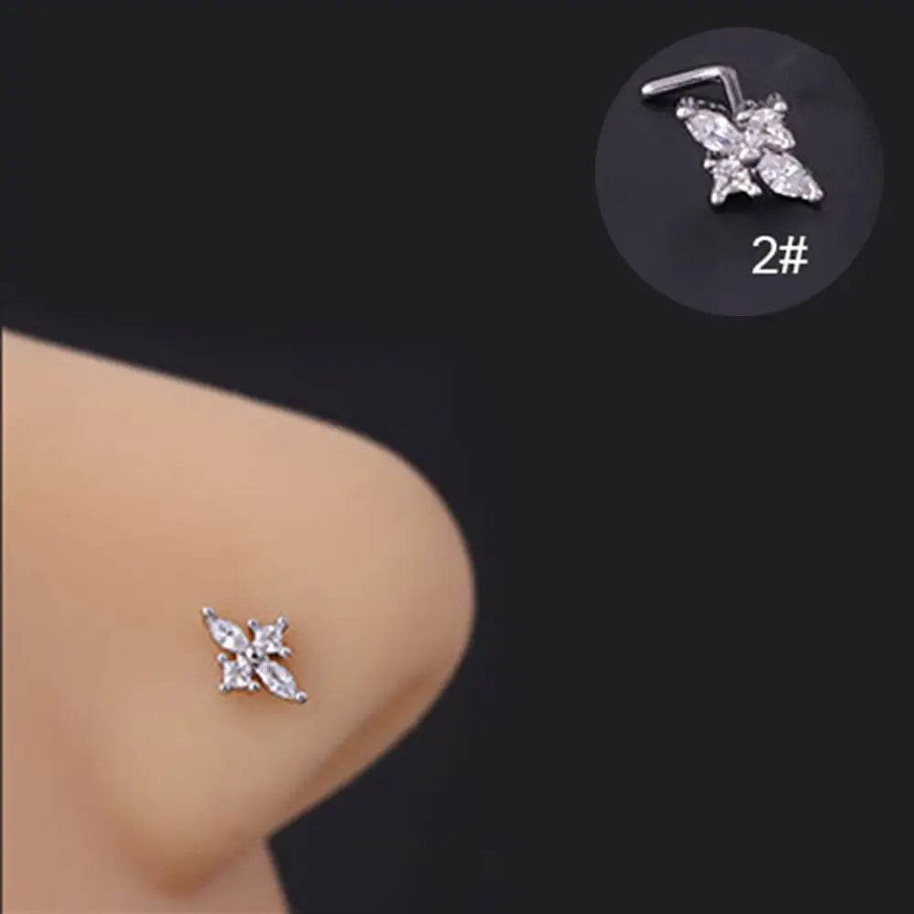 Lianfudai New Fashion Unisex Zircon Punk Style Nose Nail Titanium Steel L Shaped Nose Studs Piercing Jewelry